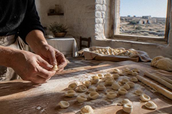 Hands shaping fresh pasta on a floured wooden table in a rustic farmhouse kitchen
